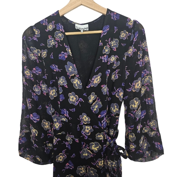 Ganni Georgette Dress Mini Wrap Purple Black Floral Size 38 US 6 - Picture 5 of 9